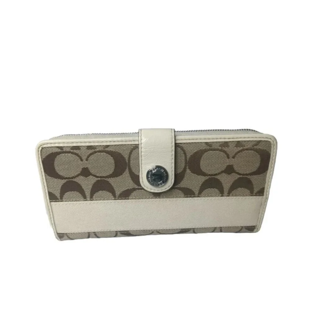 Coach Signature Stripe Checkbook Wallet Khaki~Brown~Cream Full Size